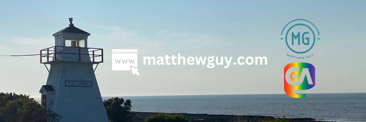 Lighthouse in Port George, NS, sea in the background. Matthew Guy and MStdn.ca pride logos. Web address of Matthewguy.com 