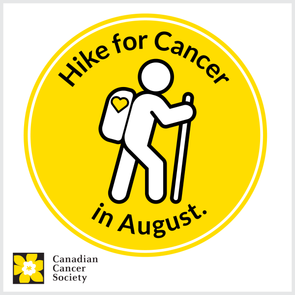 Hike for Cancer graphic of an outlined representation of a person with a backpack and a stick. "Hike for Cancer in August"