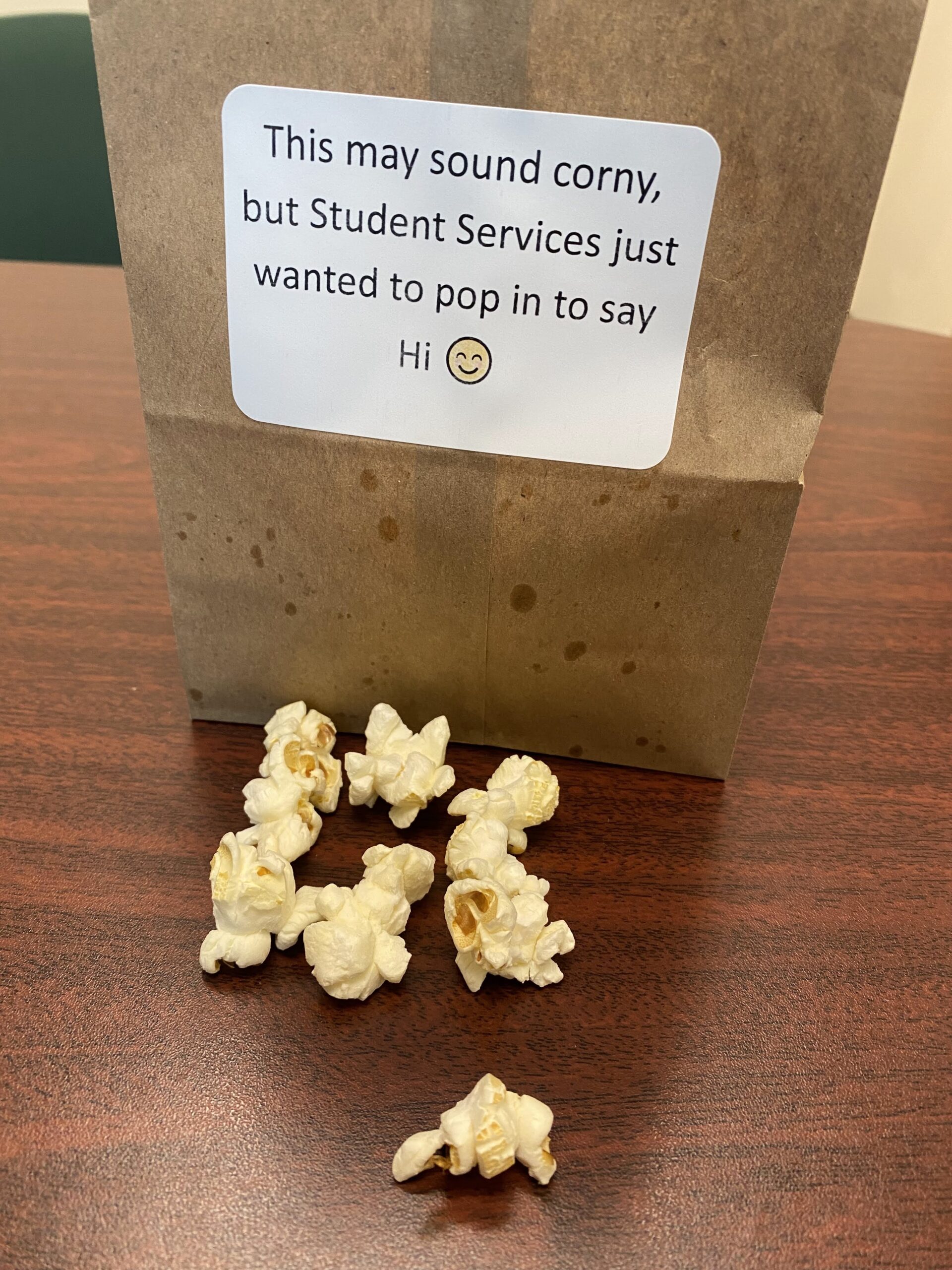 Bag of popcorn with a stick on saying "This may sound corny by Student Services just wanted to pop in to say Hi :)"