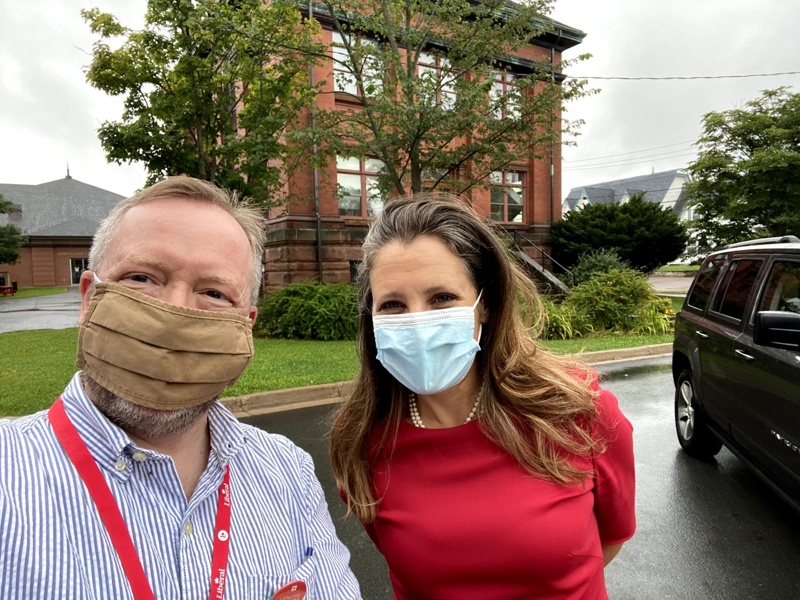 Me and Chrystia Freeland - both wearing masks - August 2021 outside the Truro Library, Nova Scotia