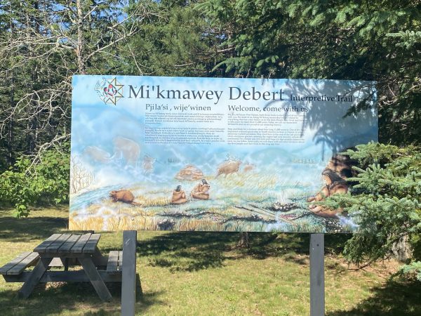 Mi'kmawey Debert interpretive panel at the trail head.